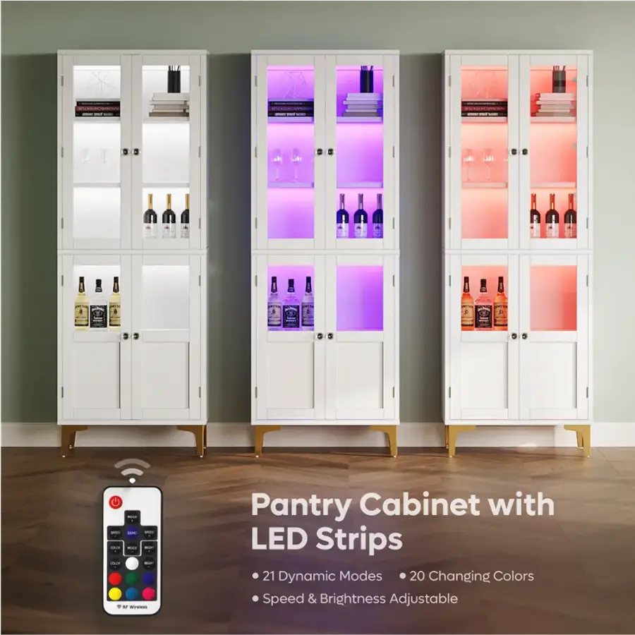 Bestier - 65" LED Kitchen Pantry Cabinet with Adjustable Shelves Food Storage and Art Display with A