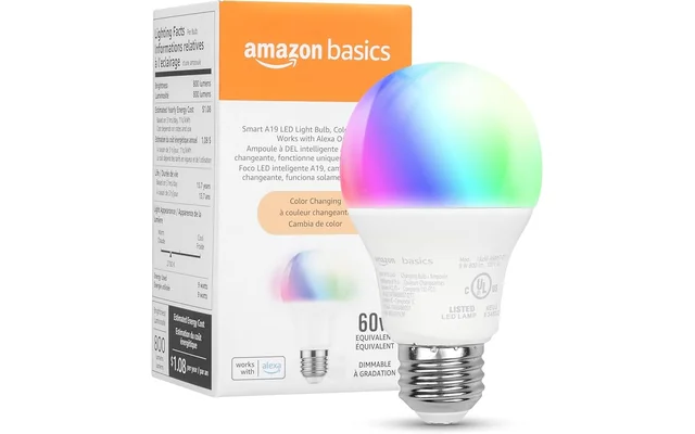 Amazon Basics Smart A19 LED Light Bulb, Color Changing, 9W (60W Equivalent), 800LM, Works with Alexa