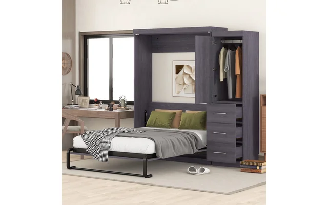Euroco Wood Full Size Murphy Wall Bed with Wardrobe and Drawers for Living Room, Moveable Wardrobe a